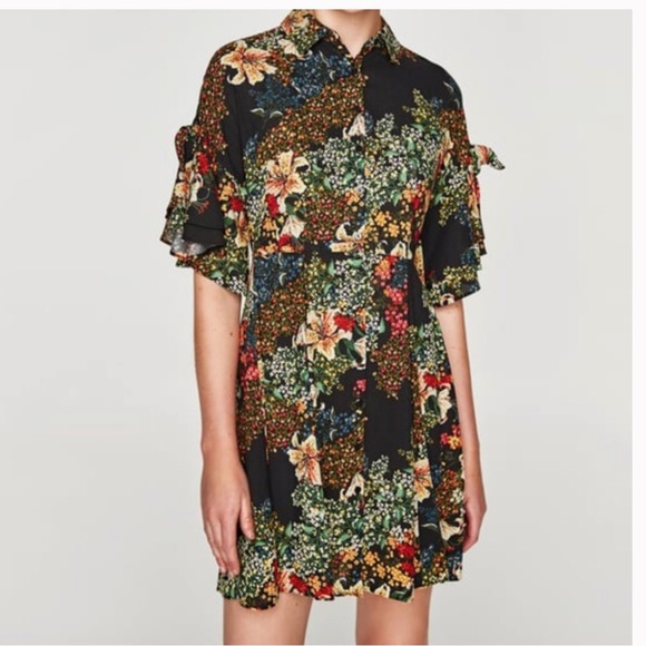 Zara Dresses & Skirts - Zara Floral Tropical Button Up Shirt Dress